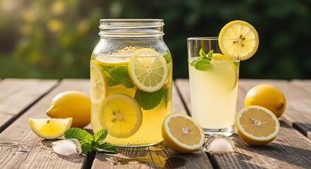 Fototapeta premium Fresh homemade lemonade with sliced lemons and mint leaves in glass jar and drinking glass on wooden table outdoors during summer sunset for healthy refreshment