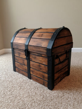 vintage-style wooden treasure chest with metal bands and a lock, placed on a carpeted floor against a beige wall.
