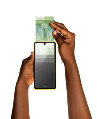 A conceptual image shows a person inserting a 1000 Algerian Dinar banknote into a smartphone...