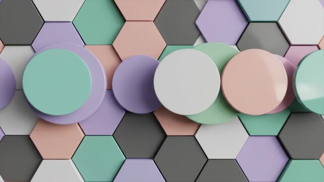 Video of seamless geometric tile animation featuring repeating circular and hexagonal forms, abstract motion background for presentations and social content, clean minimal shapes moving in