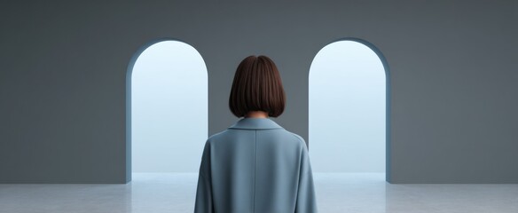 Obraz premium A woman like a butterfly at a crossroads faces an indecision dilemma between two archways.