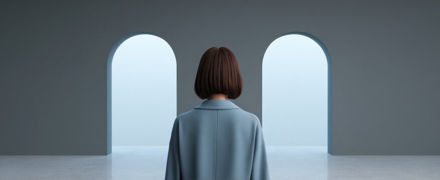 A woman like a butterfly at a crossroads faces an indecision dilemma between two archways.