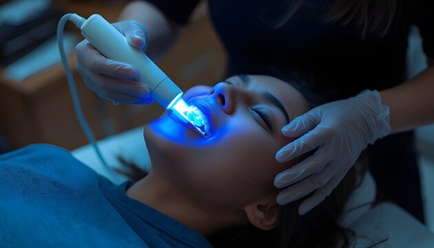 A woman undergoes a teeth whitening procedure with a blue light in a dental office