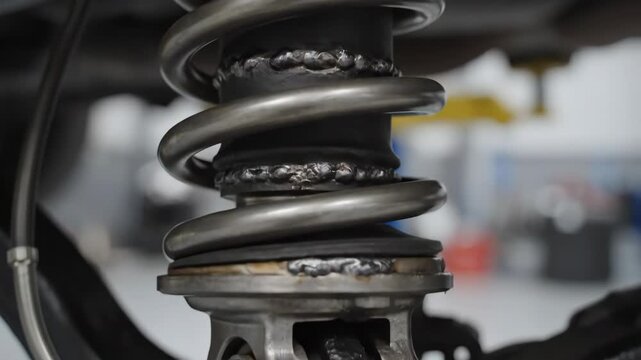 Video of suspension check detail with shock absorber close up and mechanical focus, automotive maintenance and vehicle inspection concept for service branding.