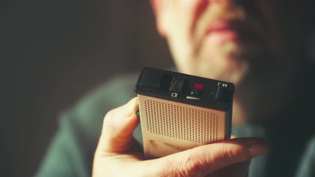 Blurred bearded man in his 50s uses an analogue dictaphone in a dimly lit setting. Ideal for anonymous testimony or shadowy investigation scenes.