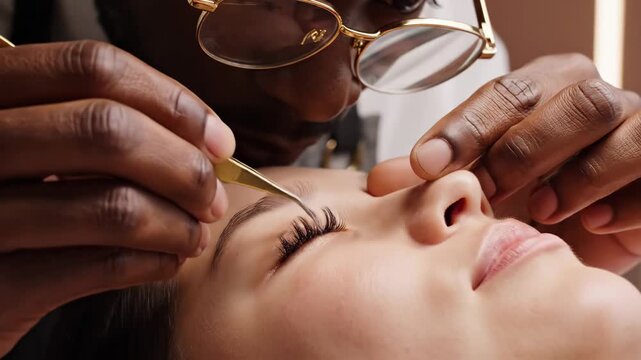 Video of Professional Eyelash Styling Concept highlighting meticulous tool movement, cosmetic enhancement theme and modern salon ambiance for luxury branding and personal care media content in a