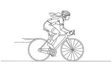 Fototapeta premium Single one line drawing young energetic woman bicycle racer focus train her speed at training session. 