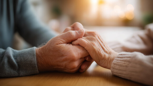 Close-up of two faceless senior people's hands clasped together on a table in prayer or comfort, soft warm light, defocused home interior behind, senior prayer hands, hope and mourning, widow