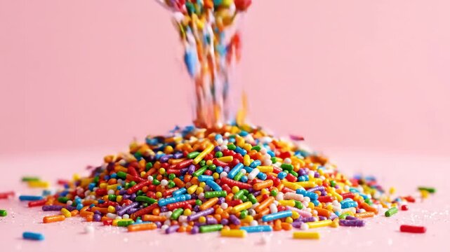 Video of candy sprinkles fall in slow motion with tiny sugar particles on clean background, colorful dessert decoration concept and playful food backdrop.