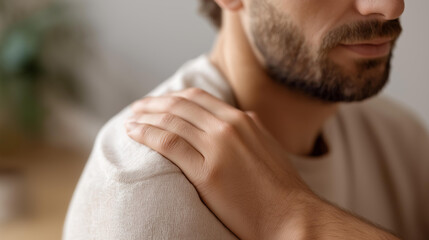 Fototapeta premium Close-up of a faceless hand being placed gently on the shoulder of a faceless man in a gesture of comfort, defocused neutral interior behind, comforting hand on shoulder, support gesture,