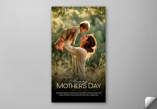 Editable Happy Mother's Day Social Media Story Template Design with Young Mother Playing Baby in Sunlight Garden.