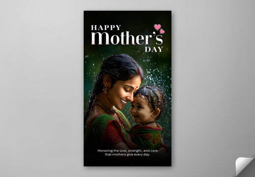 Editable Happy Mother's Day Social Media Story Template Design with Indian Mother and Baby Enjoying Rain Together Joyful Monsoon.