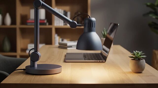 Video of adjustable task lamp rotating to direct spotlight on workspace, home office illumination theme, contemporary design object background, articulated arm extending and lowering with controlled