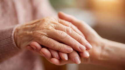 Fototapeta premium Close-up of faceless caring hands gently holding elderly hands, detail of skin texture and grip, defocused warm interior, caring for elderly hands, assisted living touch, caregiver elderly