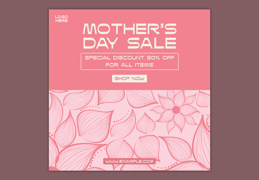 Editable Happy Mother&rsquo;s Day Sale Social Media Post Template with Half Price Offer on Pink Floral Background.