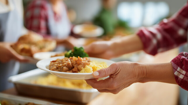 Faceless volunteers serving hot meals to faceless recipients at a community center table, food and trays visible, defocused warm charity space behind, serving the needy, meal service volunteers,