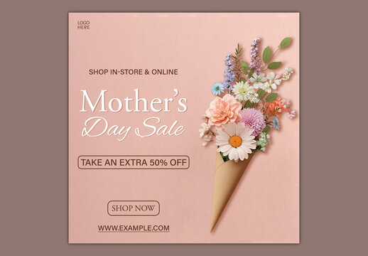 Editable Happy Mother&rsquo;s Day Sale Social Media Post Template with Floral Bouquet Cone and Half Price Offer on Peach Background.