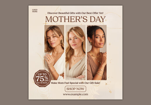 Editable Happy Mother&rsquo;s Day Jewelry Sale Social Media Post with Three Elegant Female Models and Up to 75 Percent Discount Offer.