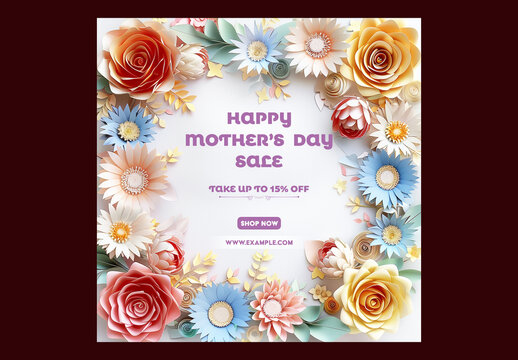 Editable Happy Mother&rsquo;s Day Sale Social Media Post Template with Colorful Paper Flowers Border Background.