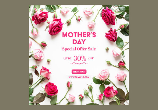 Editable Happy Mother&rsquo;s Day Sale Social Media Post Template with Up to 30 Percent Discount Offer and Roses Border Background Photo.