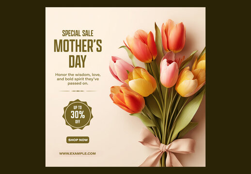 Editable Happy Mother&rsquo;s Day Sale Social Media Post Template with Up to 30 Percent Discount Offer and Tulip Bouquet Photo.