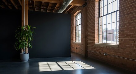 Naklejka premium Open industrial interior w/ exposed beams, brick walls, large windows, and a potted plant