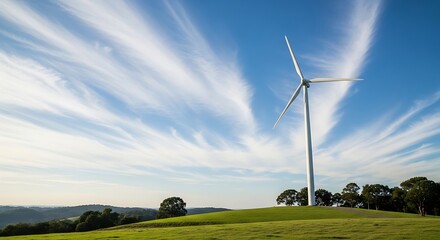 Fototapeta premium Single white wind turbine standing on a lush green hill under a vibrant blue sky with wispy clouds in the countryside