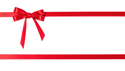 Red satin ribbon bow with long tails on black background png isolated on a transparent background