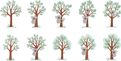 Cute koala bears climbing eucalyptus trees cartoon wildlife animal collection flat vector illustration set © MstTanzila