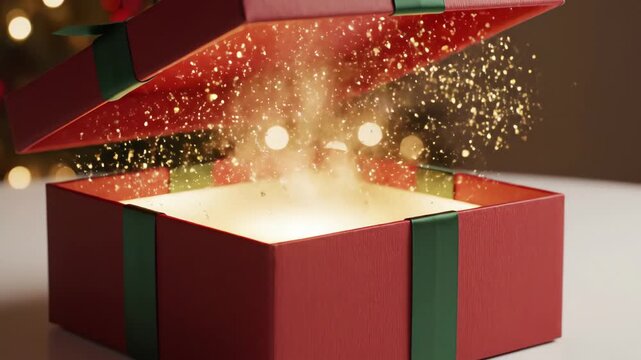 Video Gift Unboxing Scene with lid lifting motion and surprise reveal, perfect for holiday marketing, product launch campaigns, retail advertising, and celebration visuals.