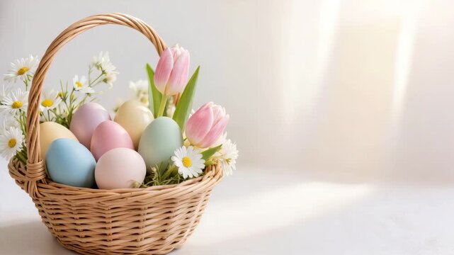 Wicker basket filled with pastel colored Easter eggs, pink tulips, and chamomile flowers arranged on a soft light background. Spring holiday decoration with copy space.