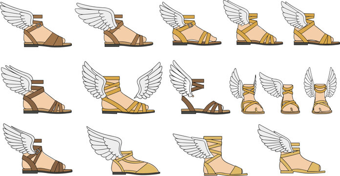 Winged sandals mythological footwear collection inspired by Hermes Mercury flying shoes ancient mythology flat vector illustration set