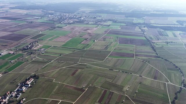 Aerial view of patchwork fields displaying a captivating tapestry of textures and tones, divided by paths, Mittelwihr, Grand Est, France.