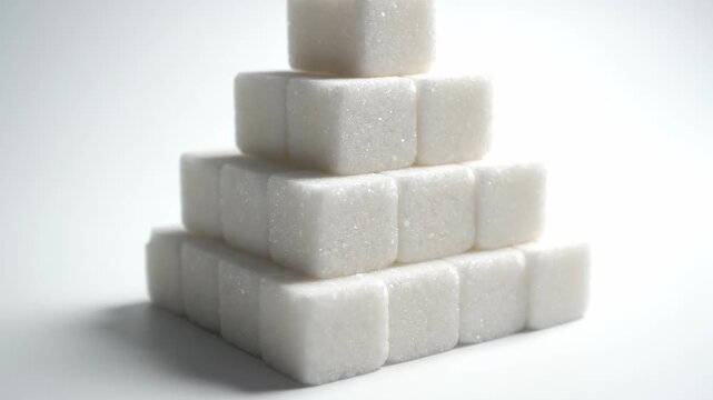 Video of sugar cubes stack in minimal composition on clean white background, simple food concept for packaging design, culinary branding and healthy lifestyle visual storytelling.