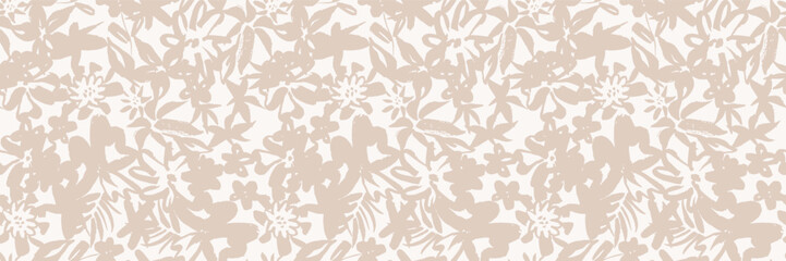 Fototapeta premium Seamless abstract floral pattern. Flowers, leaves, organic plant shape print. Modern botanical vector background. Simple minimal foliage texture. Neutral beige tropical silhouette design. Bohemian bg