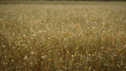 Swaying wildflower meadow filled with tall grasses, slender stems, dried seedheads, yellow blooms