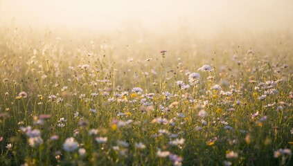 Fototapeta premium Blooming cluster of daisy-like wildflowers swaying in sunlit meadow, showing creamy bokeh