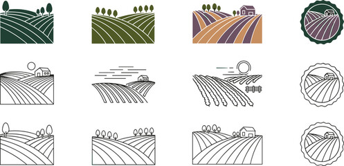 Agricultural farmland landscape icons with crop fields hills farm house rural countryside flat vector illustration set © MstTanzila