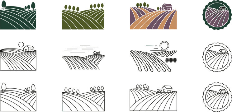 Agricultural farmland landscape icons with crop fields hills farm house rural countryside flat vector illustration set