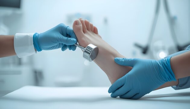 A medical professional examining a patient's foot with a reflex hammer in a clinical setting.
