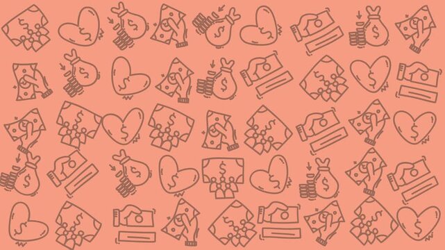 Seamless peach background pattern with hand drawn love money shopping icons for branding marketing finance and social media graphics