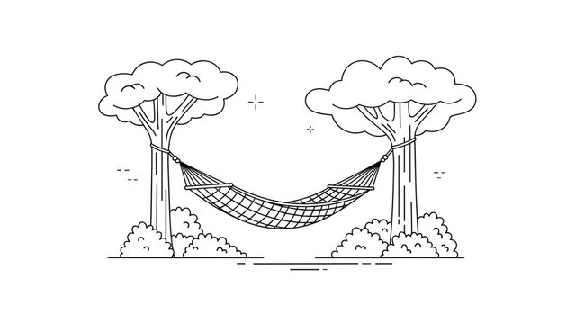 Black and white line art illustration of a hammock tied between two leafy trees in a peaceful garden or forest setting.