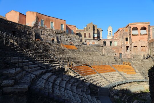 Catania city in Sicily, Italy. Ancient Greek-Roman amphitheatre.