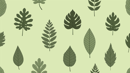 Naklejka premium Seamless pattern with various types of green leaves like monstera, fern, and oak on a light green background for nature themes.