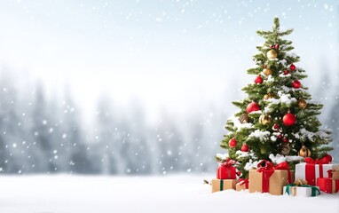 Obraz premium Festive Christmas Tree with Ornaments and Gifts in a Snowy Winter Scene