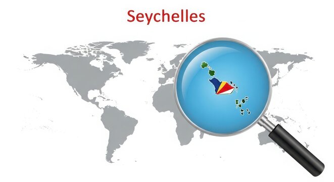 An illustration of a magnifying glass focused on Seychelles, an archipelago of 115 islands off the eastern coast of Africa, on a gray world map with the country name written in red text above it.