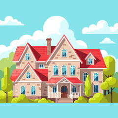 Naklejka premium Two-story residential house with a red roof and porch. Vector illustration of a suburban home with a garden, trees, and blue sky. Perfect for real estate and housing market concepts.