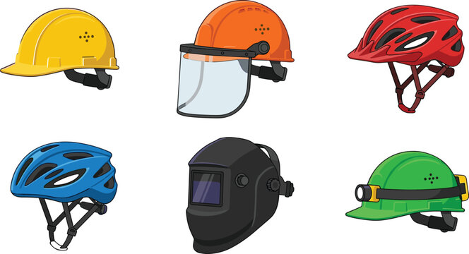 Set of safety helmets and protective headgear vector illustrations, industrial hard hat, welding mask, bicycle helmet, mining light, construction worker equipment icon.