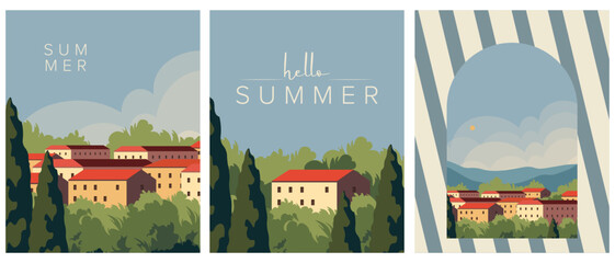 Summer city set of postcards, backgrounds, banners, covers, collection of summer postcards © Kristina Bilous