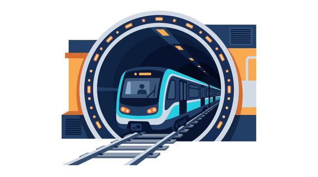 Modern urban subway train illustration entering a dark underground tunnel arch with tracks, representing efficient public transportation infrastructure.